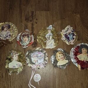 Vintage ChristmasTree Ornament  Scrap Paper Victorian Women Tinse Tin Foil